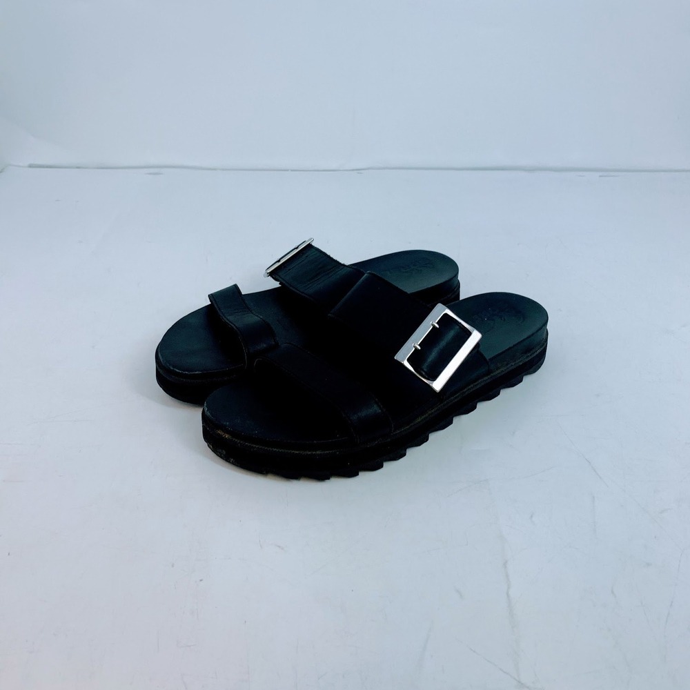 Sorel Roaming Buckle Slide‎ Sandals Womens Black Leather Platform Scalloped Sole